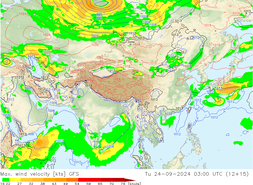 Max. wind snelheid GFS di 24.09.2024 03 UTC