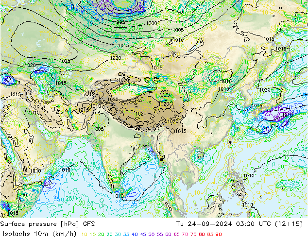 Isotachs (kph) GFS вт 24.09.2024 03 UTC