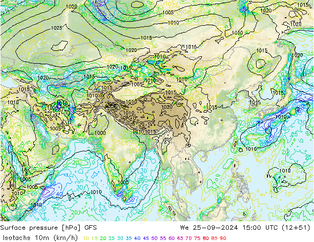 Isotachs (kph) GFS mer 25.09.2024 15 UTC