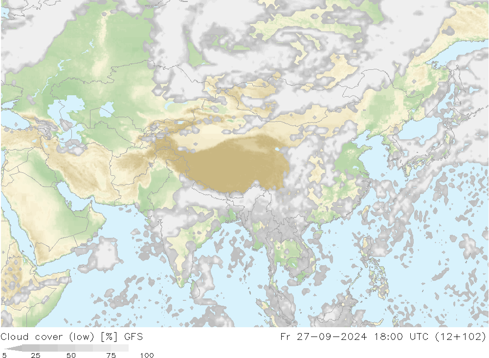 Cloud cover (low) GFS Fr 27.09.2024 18 UTC