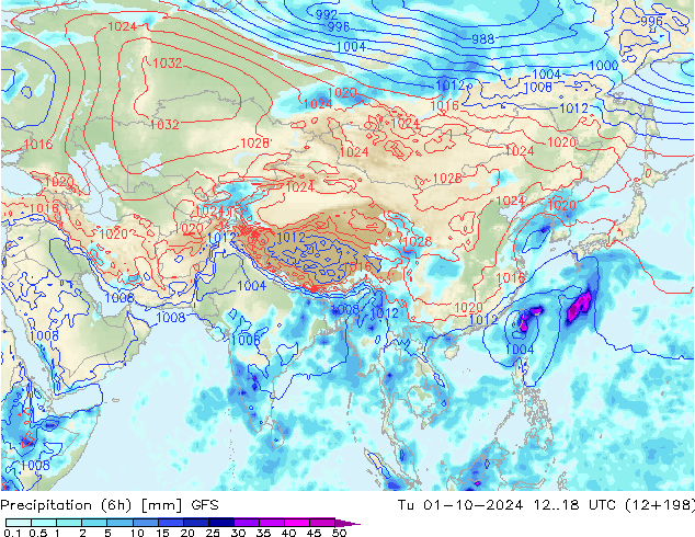 Precipitation (6h) GFS Út 01.10.2024 18 UTC