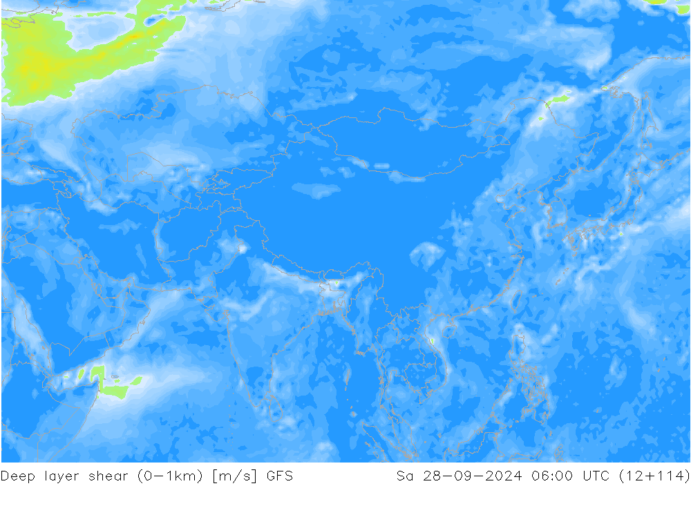 Deep layer shear (0-1km) GFS Sa 28.09.2024 06 UTC