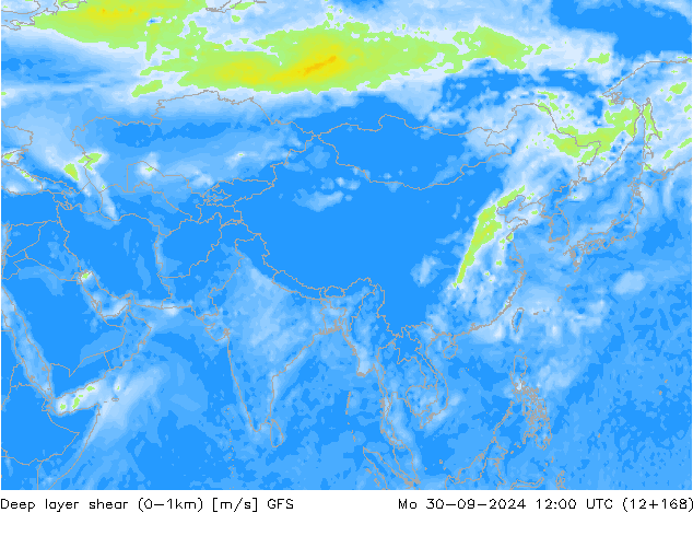 Deep layer shear (0-1km) GFS Mo 30.09.2024 12 UTC