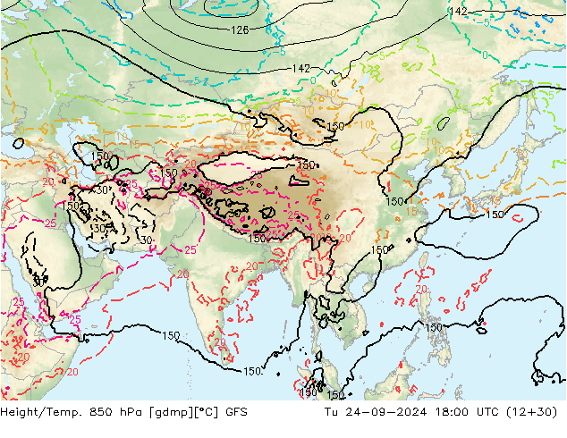 Height/Temp. 850 hPa GFS Út 24.09.2024 18 UTC