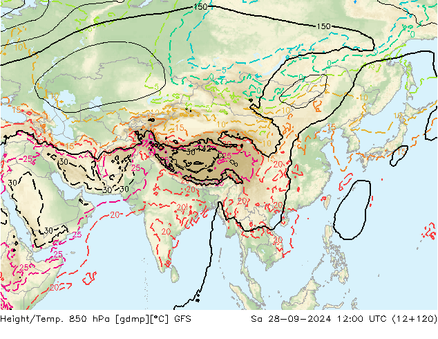 Height/Temp. 850 hPa GFS sab 28.09.2024 12 UTC