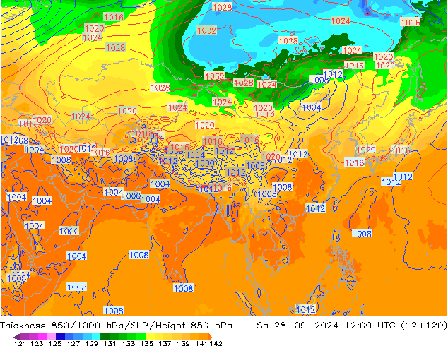 Thck 850-1000 hPa GFS Sa 28.09.2024 12 UTC