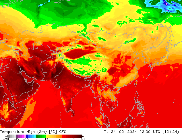 Nejvyšší teplota (2m) GFS Út 24.09.2024 12 UTC