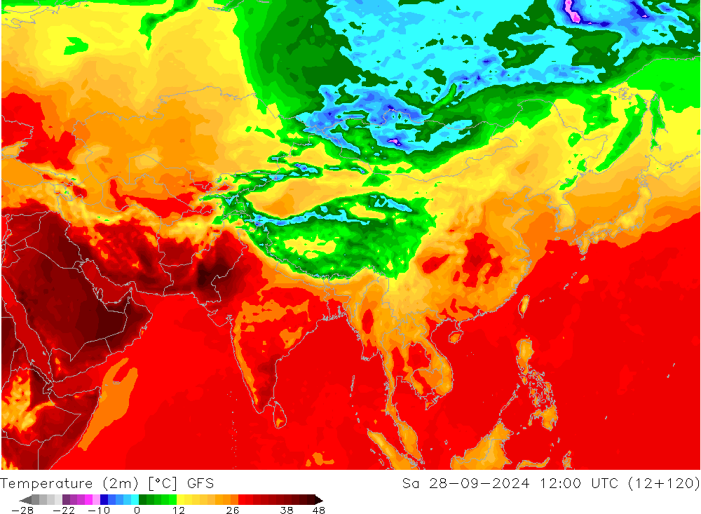 Temperatuurkaart (2m) GFS za 28.09.2024 12 UTC