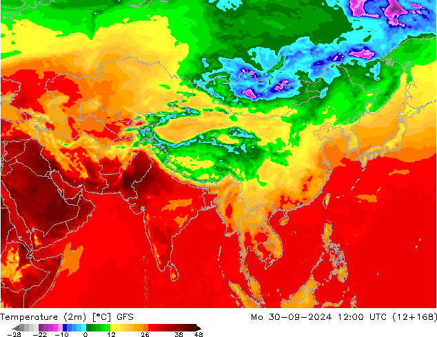 mapa temperatury (2m) GFS pon. 30.09.2024 12 UTC