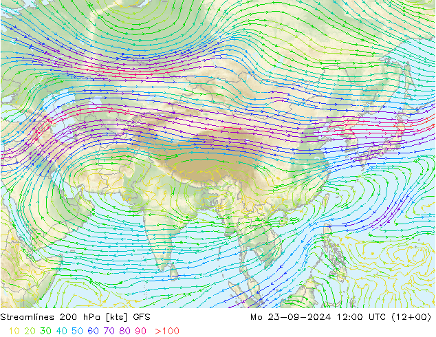 Linia prądu 200 hPa GFS pon. 23.09.2024 12 UTC