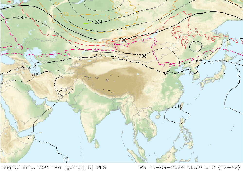 Geop./Temp. 700 hPa GFS mié 25.09.2024 06 UTC