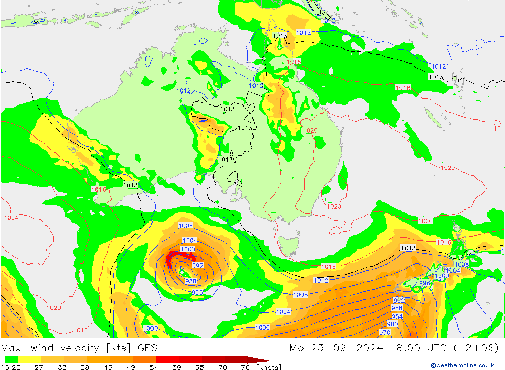 Max. wind velocity GFS пн 23.09.2024 18 UTC