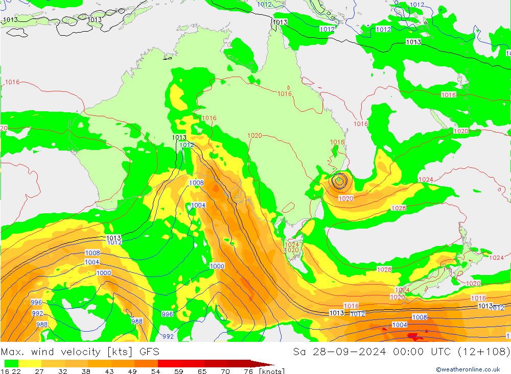 Max. wind velocity GFS sáb 28.09.2024 00 UTC