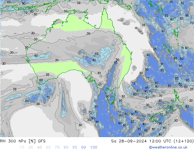 RH 300 hPa GFS Sa 28.09.2024 12 UTC