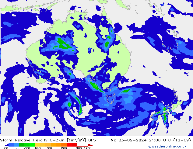 Storm Relative Helicity GFS Mo 23.09.2024 21 UTC