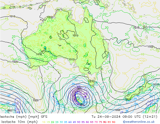 Isotachs (mph) GFS  24.09.2024 09 UTC