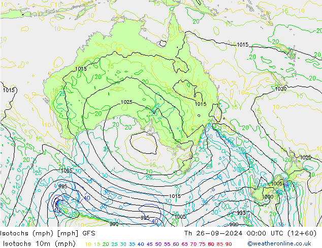 Isotachs (mph) GFS jeu 26.09.2024 00 UTC