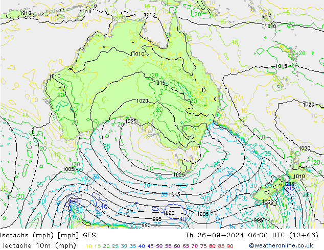 Isotachen (mph) GFS do 26.09.2024 06 UTC