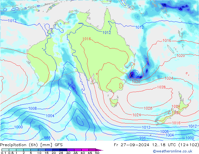 Precipitation (6h) GFS Fr 27.09.2024 18 UTC