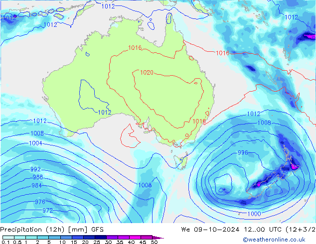 Precipitation (12h) GFS We 09.10.2024 00 UTC