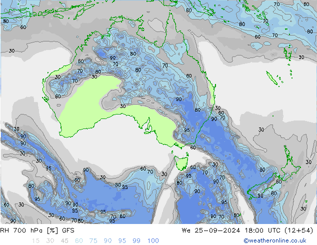 RH 700 hPa GFS We 25.09.2024 18 UTC