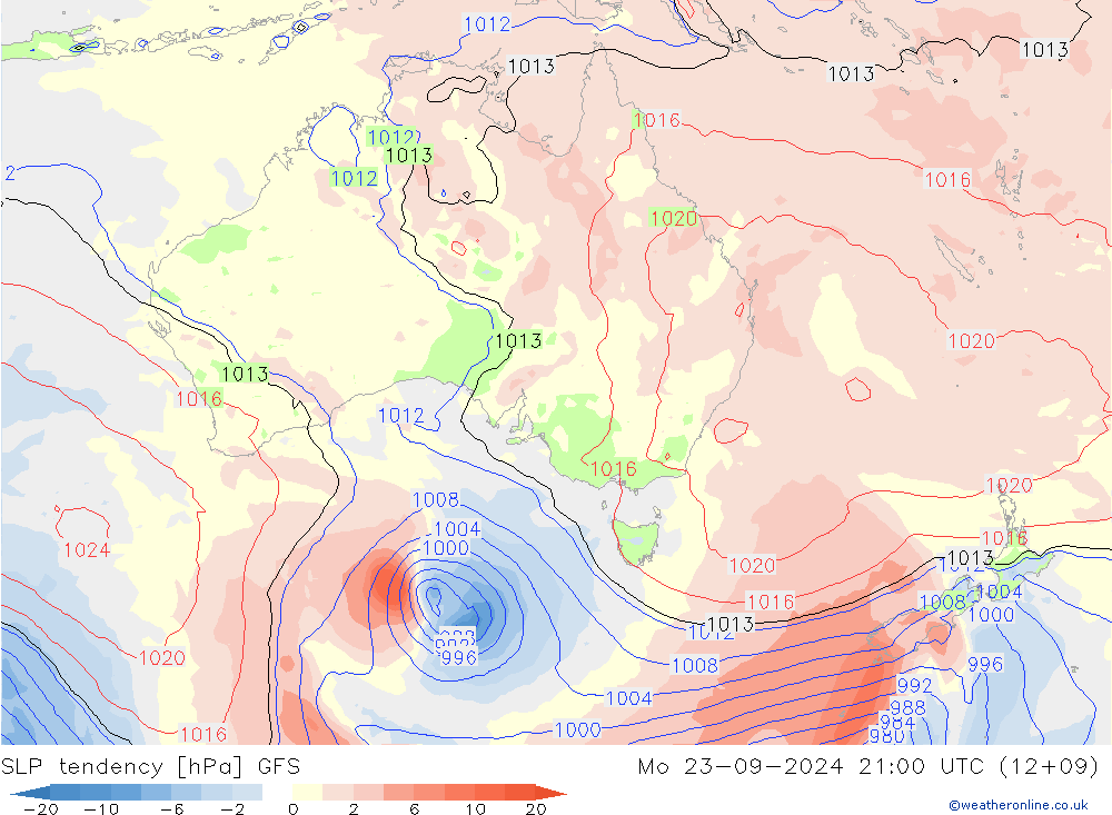 SLP tendency GFS Mo 23.09.2024 21 UTC