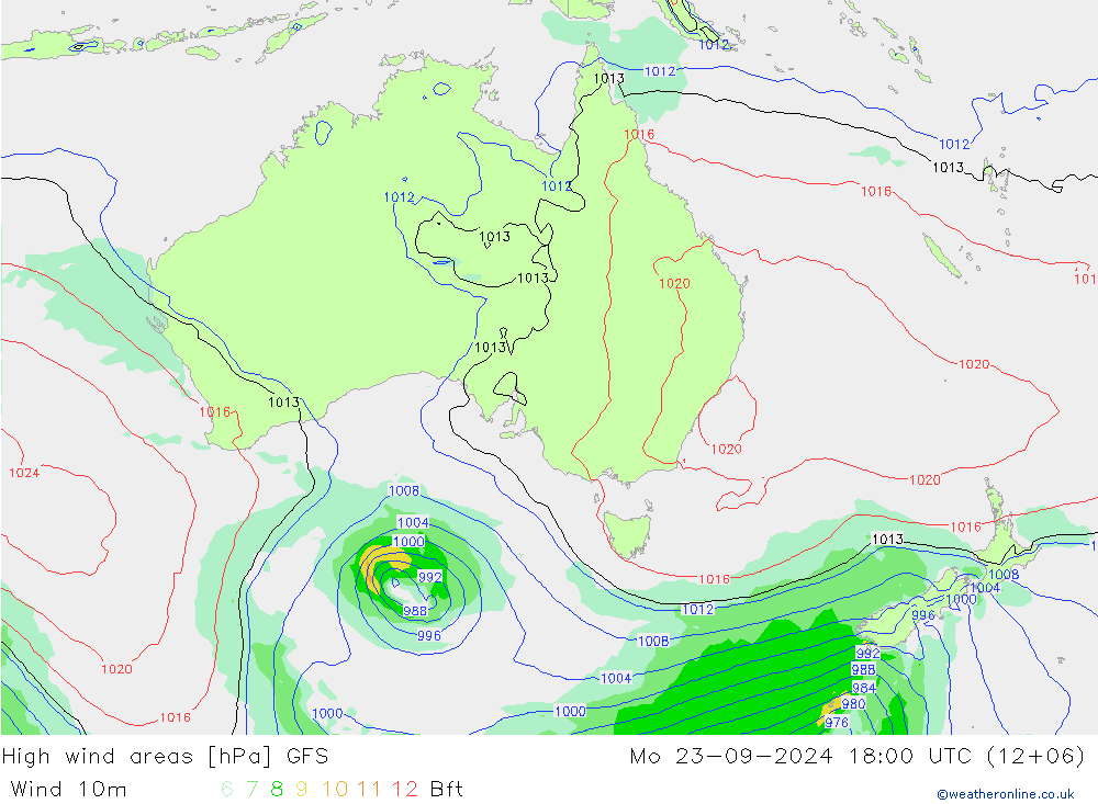 High wind areas GFS lun 23.09.2024 18 UTC