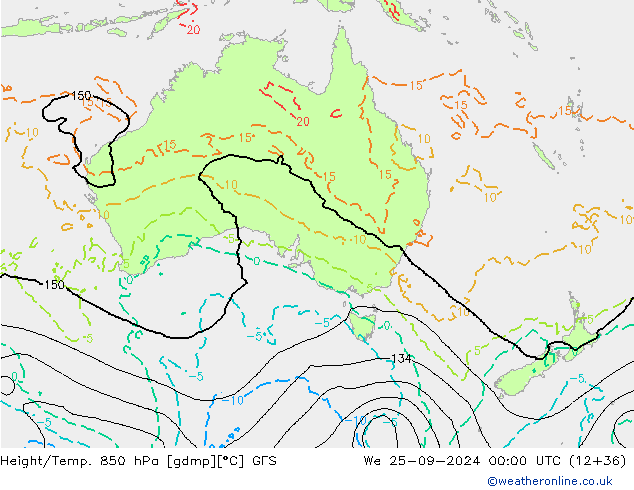 Height/Temp. 850 hPa GFS mer 25.09.2024 00 UTC