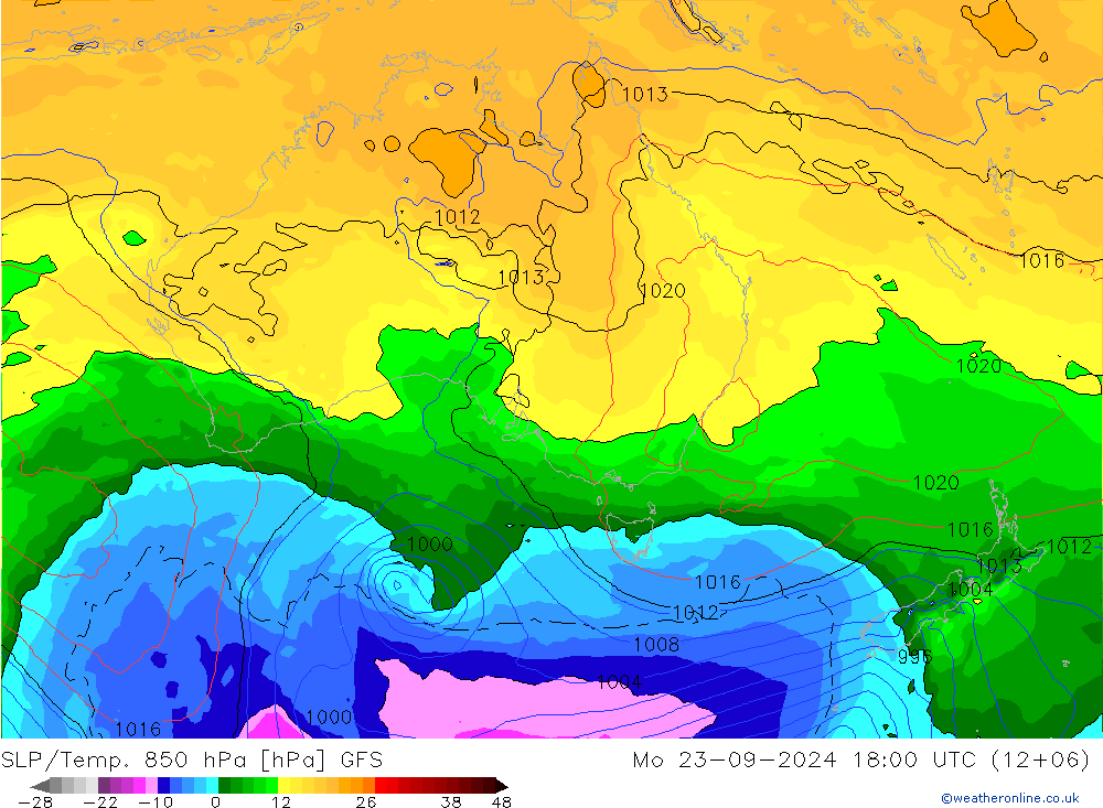 SLP/Temp. 850 гПа GFS пн 23.09.2024 18 UTC