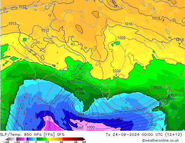 SLP/Temp. 850 hPa GFS Tu 24.09.2024 00 UTC