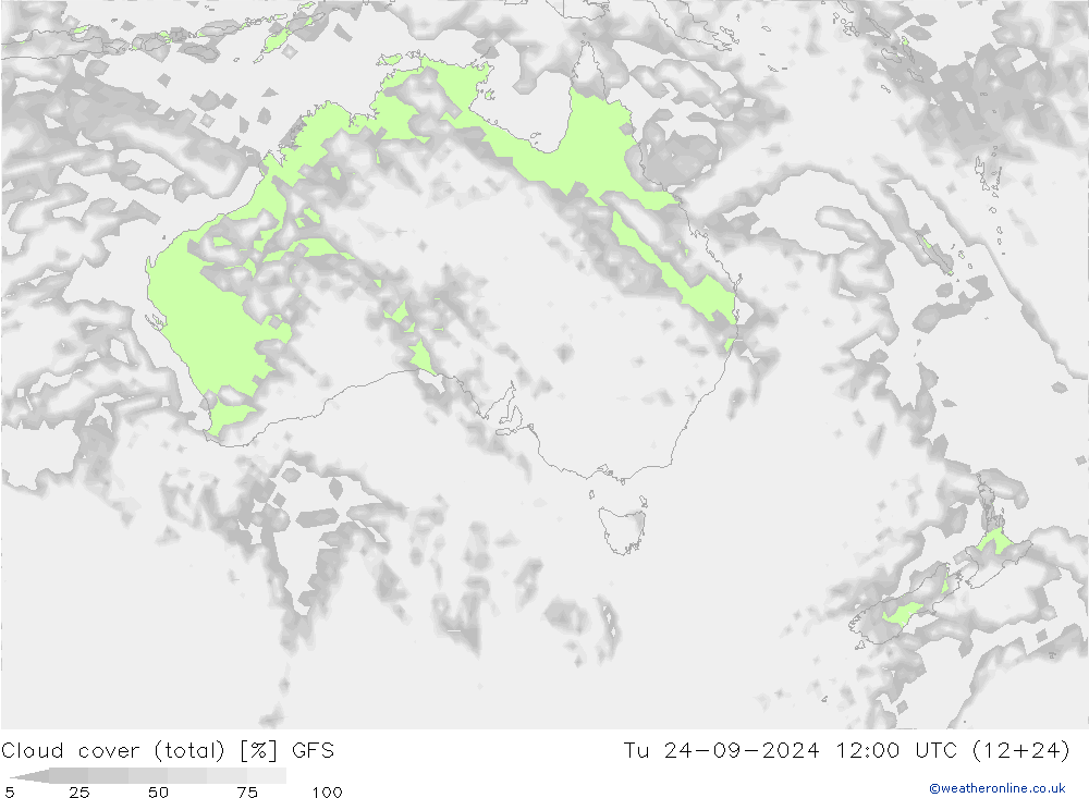 Cloud cover (total) GFS Tu 24.09.2024 12 UTC