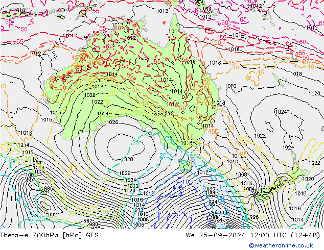 Theta-e 700hPa GFS mié 25.09.2024 12 UTC