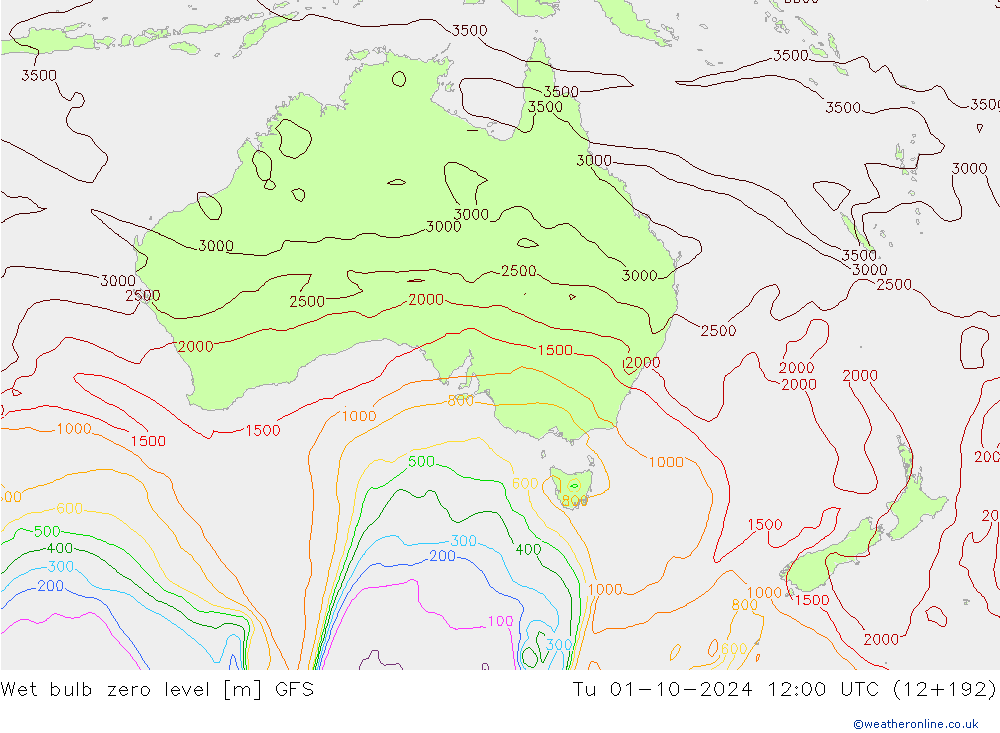 Wet bulb zero level GFS Tu 01.10.2024 12 UTC