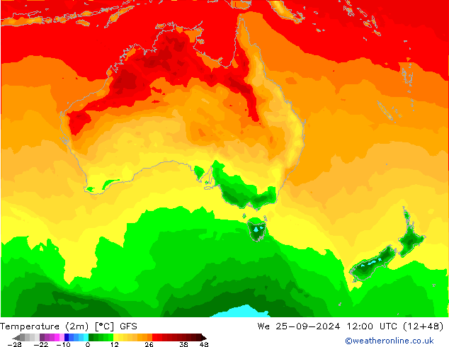 Temperature (2m) GFS We 25.09.2024 12 UTC