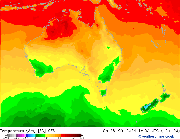 mapa temperatury (2m) GFS so. 28.09.2024 18 UTC