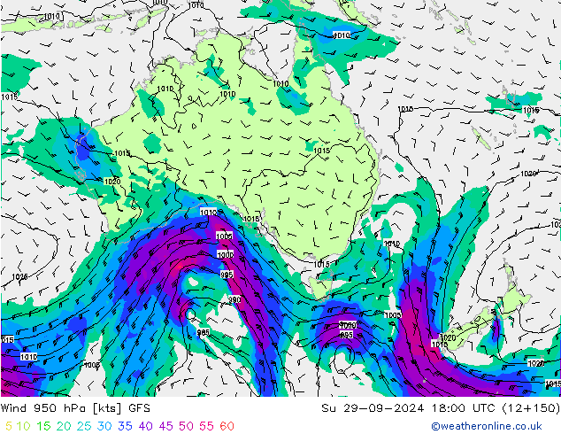 Rüzgar 950 hPa GFS Paz 29.09.2024 18 UTC