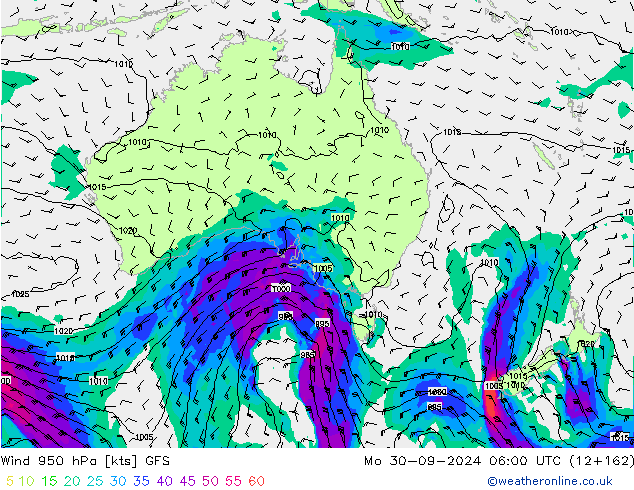 Viento 950 hPa GFS lun 30.09.2024 06 UTC