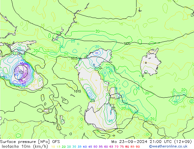 Isotaca (kph) GFS lun 23.09.2024 21 UTC