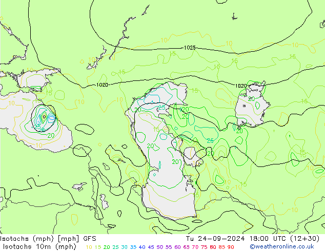 Isotachs (mph) GFS вт 24.09.2024 18 UTC