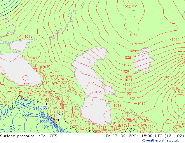 Presión superficial GFS vie 27.09.2024 18 UTC