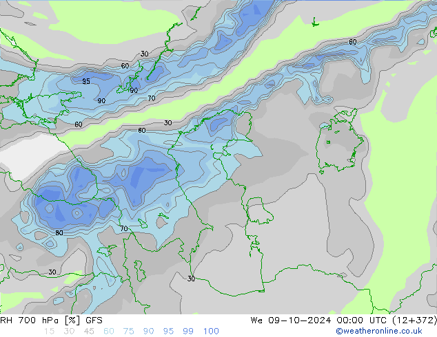 RH 700 hPa GFS śro. 09.10.2024 00 UTC