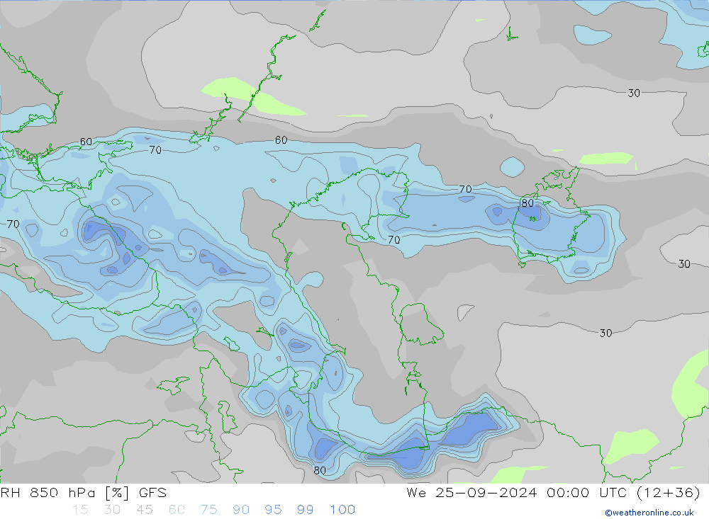 Humidité rel. 850 hPa GFS mer 25.09.2024 00 UTC