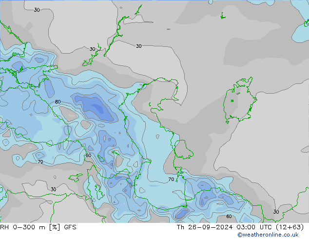 Humidité rel. 0-300 m GFS jeu 26.09.2024 03 UTC