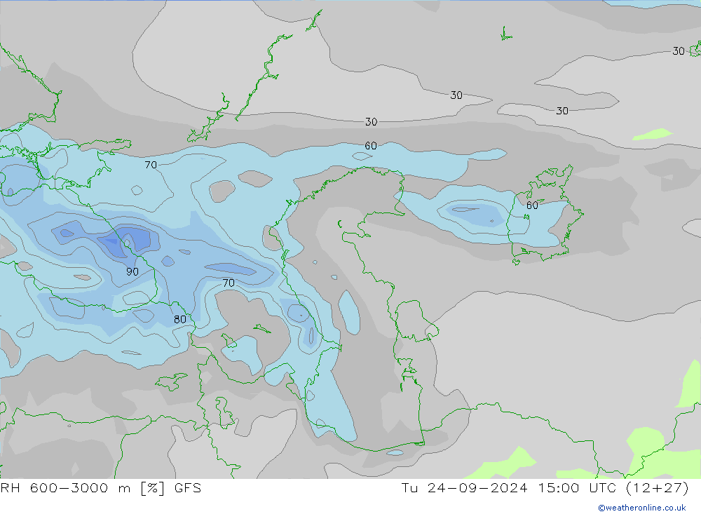 RH 600-3000 m GFS Út 24.09.2024 15 UTC