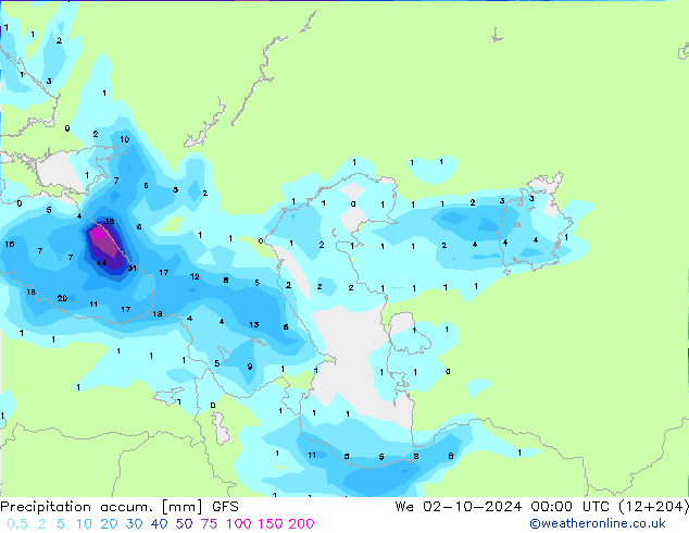 Precipitation accum. GFS We 02.10.2024 00 UTC