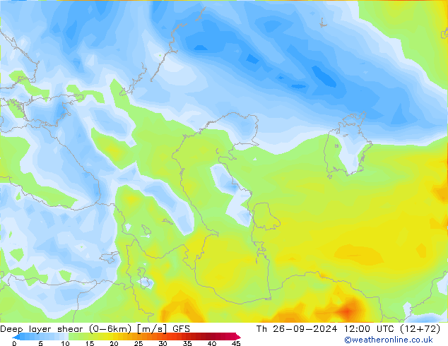 Deep layer shear (0-6km) GFS do 26.09.2024 12 UTC