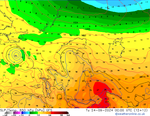 SLP/Temp. 850 hPa GFS mar 24.09.2024 00 UTC