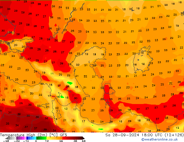 température 2m max GFS sam 28.09.2024 18 UTC