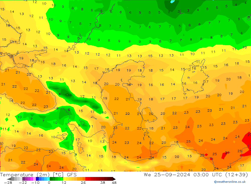 Temperatura (2m) GFS mié 25.09.2024 03 UTC