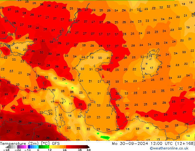 Temperature (2m) GFS Mo 30.09.2024 12 UTC